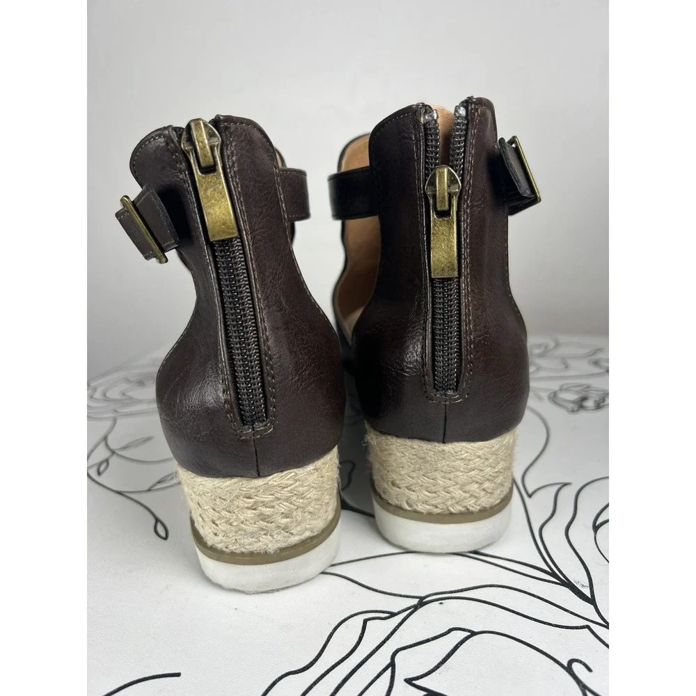 Corkys Boutique Sugar City Brown Leather Espadrille Wedge Zip Up Sandal Size 8